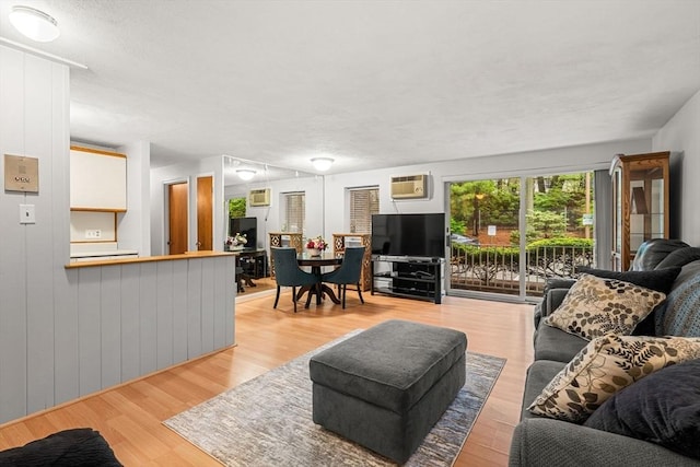 living room featuring an AC wall unit and light wood finished floors