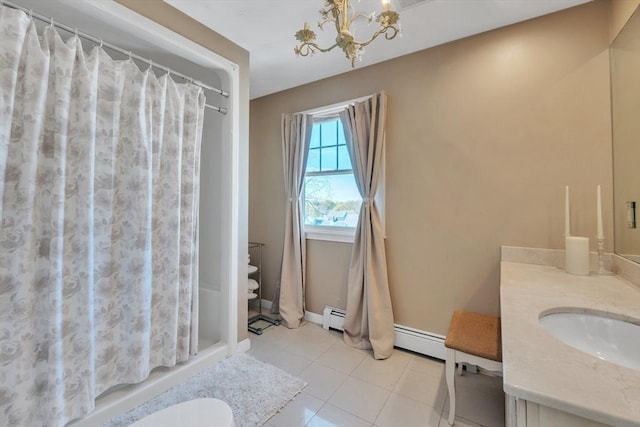 14 Pleasant View Ave, Lynn, MA 01902 - full bathroom featuring a chandelier, vanity, a shower with curtain, tile patterned floors, and a baseboard radiator