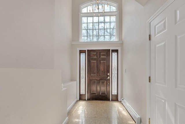 14 Pleasant View Ave, Lynn, MA 01902 - entrance foyer featuring a baseboard heating unit, a chandelier, and a high ceiling