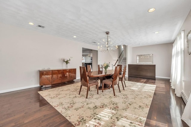 14 Pleasant View Ave, Lynn, MA 01902 - dining area featuring stairs, a chandelier, dark wood-style floors, recessed lighting, and baseboard heating