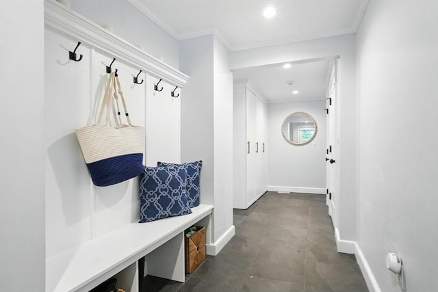 12 Olde Lyme Rd, Winchester, MA 01890 - mudroom featuring baseboards, crown molding, and recessed lighting