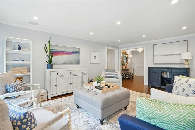 12 Olde Lyme Rd, Winchester, MA 01890 - living room featuring wood finished floors, recessed lighting, and crown molding