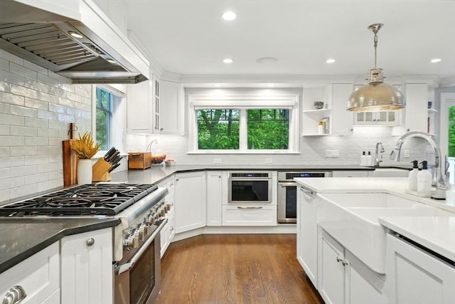 12 Olde Lyme Rd, Winchester, MA 01890 - kitchen with exhaust hood, stainless steel appliances, decorative backsplash, white cabinetry, and recessed lighting