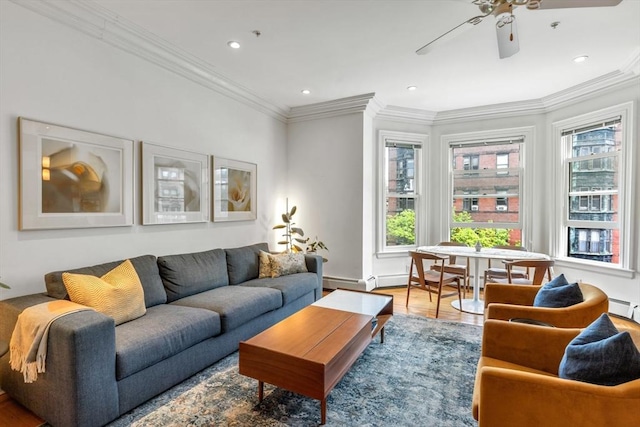 31 Massachusetts Ave Unit 4-4, Boston, MA 02115 - living room with a ceiling fan, ornamental molding, wood finished floors, recessed lighting, and baseboards