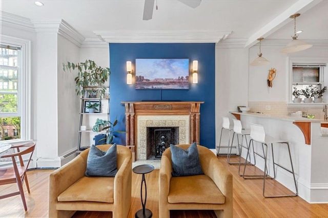31 Massachusetts Ave Unit 4-4, Boston, MA 02115 - living area featuring wood finished floors, a ceiling fan, a fireplace, ornamental molding, and baseboard heating