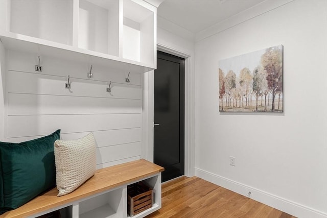 mudroom with crown molding and wood-type flooring