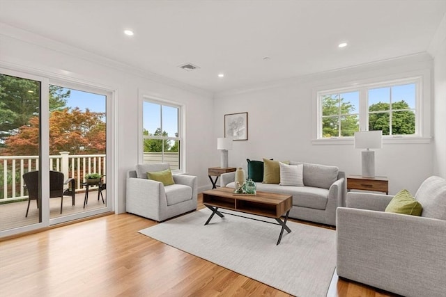 living room with crown molding and light wood-type flooring