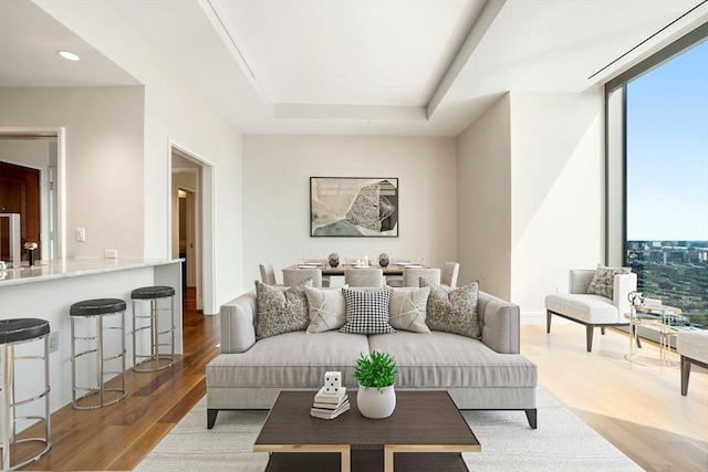 living room with expansive windows, a raised ceiling, and light hardwood / wood-style floors