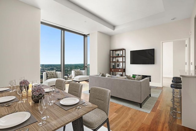 dining space with a tray ceiling, expansive windows, and hardwood / wood-style flooring