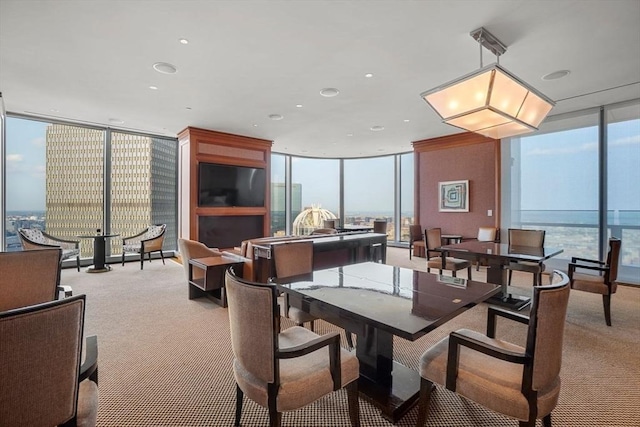 carpeted dining area featuring expansive windows