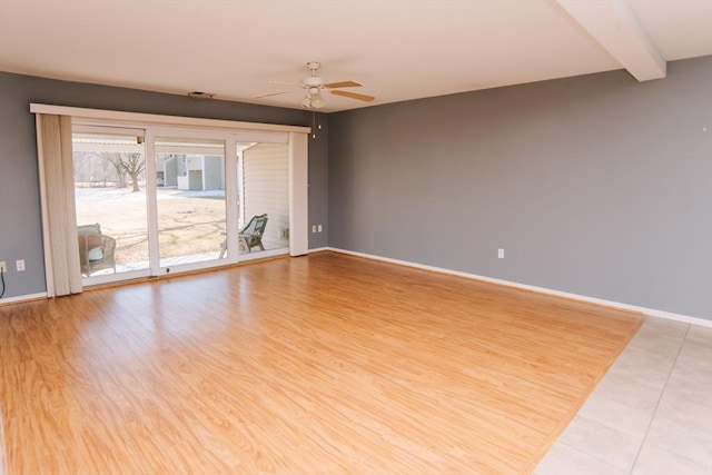 empty room featuring light wood finished floors, visible vents, baseboards, a ceiling fan, and beamed ceiling