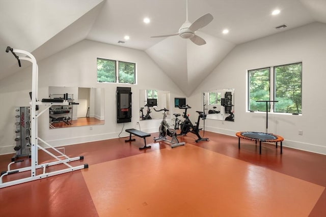 exercise room with baseboards, visible vents, a ceiling fan, and lofted ceiling