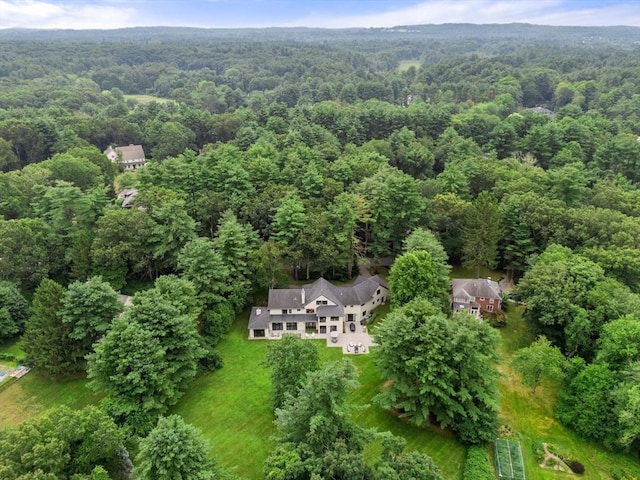 bird's eye view with a wooded view