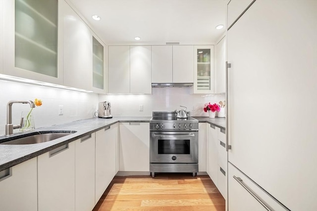 kitchen with high end range, a sink, under cabinet range hood, decorative backsplash, and white cabinetry