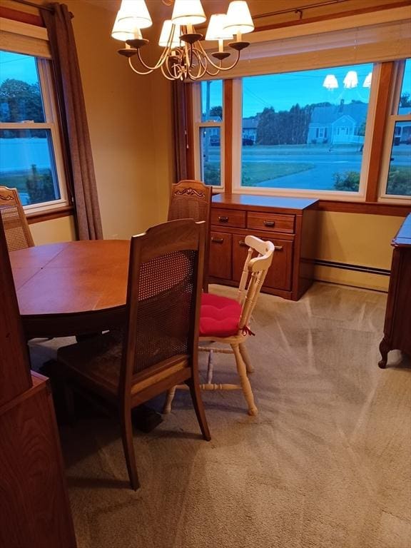 822 N Eastern Ave, Fall River, MA 02720 - dining room with a chandelier, baseboard heating, and light carpet