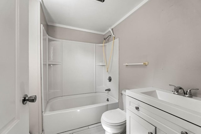 full bath featuring toilet, washtub / shower combination, ornamental molding, and vanity