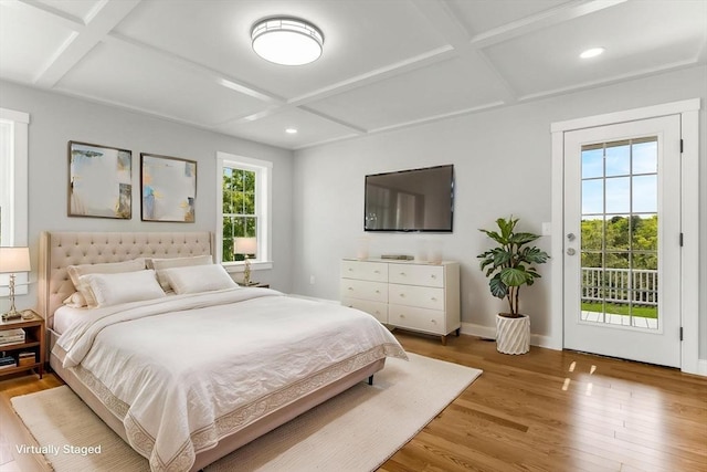 29 Sheppard Rd, Bourne, MA 02562 - bedroom featuring coffered ceiling, light wood-style floors, access to outside, recessed lighting, and baseboards