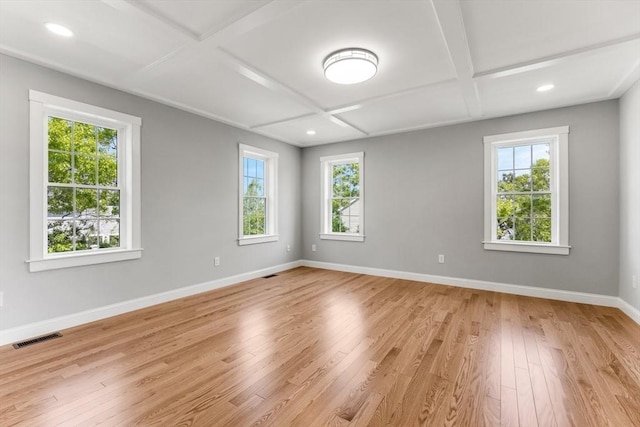 29 Sheppard Rd, Bourne, MA 02562 - spare room featuring coffered ceiling, healthy amount of natural light, light wood-style flooring, baseboards, and recessed lighting