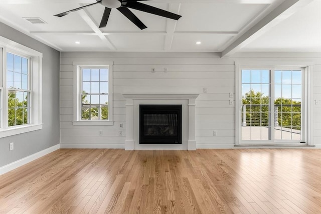 29 Sheppard Rd, Bourne, MA 02562 - unfurnished living room with light wood-type flooring, ceiling fan, beam ceiling, baseboards, and coffered ceiling