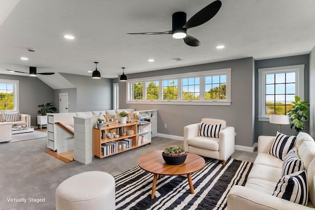 29 Sheppard Rd, Bourne, MA 02562 - living room featuring ceiling fan, baseboards, recessed lighting, and carpet flooring