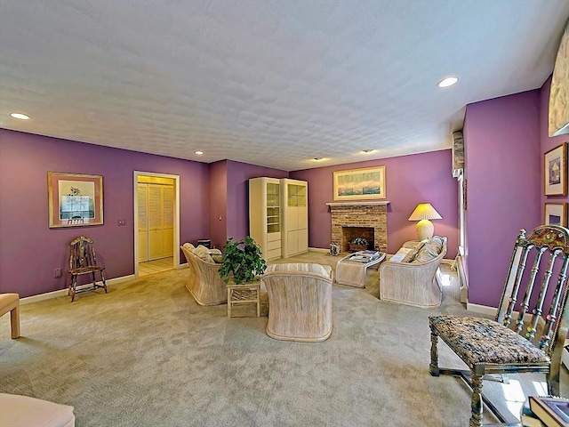 46 Clear Pond Rd, Falmouth, MA 02540 - living area with carpet flooring, a brick fireplace, and recessed lighting