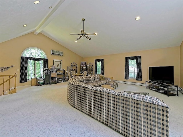 46 Clear Pond Rd, Falmouth, MA 02540 - living room featuring carpet floors, recessed lighting, a baseboard radiator, and a ceiling fan