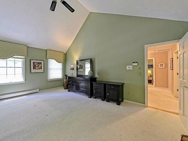 46 Clear Pond Rd, Falmouth, MA 02540 - bedroom featuring carpet, high vaulted ceiling, baseboard heating, and a ceiling fan
