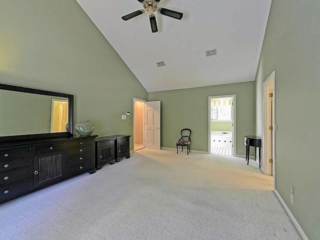 46 Clear Pond Rd, Falmouth, MA 02540 - unfurnished living room featuring high vaulted ceiling, ceiling fan, and carpet floors