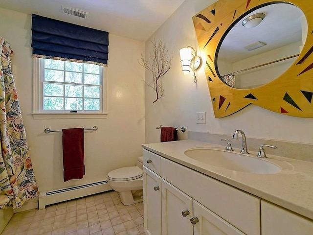 46 Clear Pond Rd, Falmouth, MA 02540 - bathroom with a baseboard radiator, vanity, tile patterned floors, and a shower with shower curtain