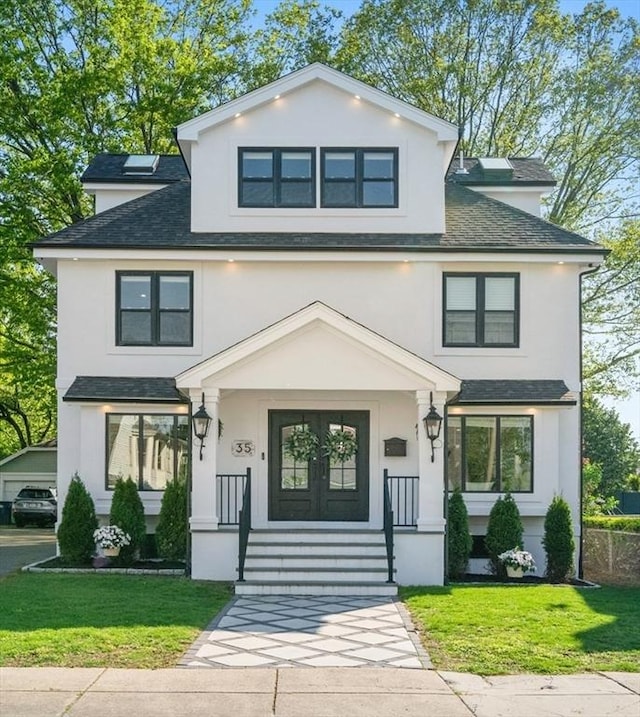 traditional style home featuring stucco siding, roof with shingles, a front lawn, and a porch