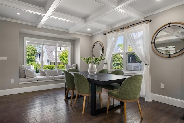 dining room with coffered ceiling, baseboards, dark wood-style floors, beam ceiling, and recessed lighting