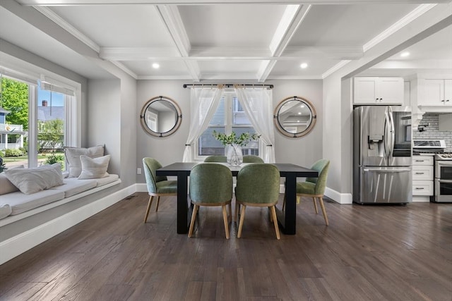 dining room with baseboards, recessed lighting, beamed ceiling, dark wood-type flooring, and coffered ceiling