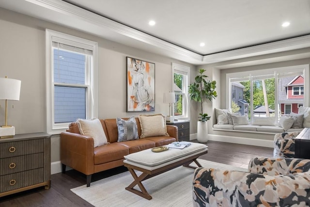 living area with baseboards, wood finished floors, recessed lighting, a raised ceiling, and ornamental molding