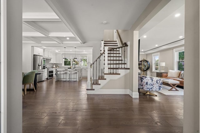 entryway featuring recessed lighting, stairs, baseboards, dark wood-style floors, and beamed ceiling