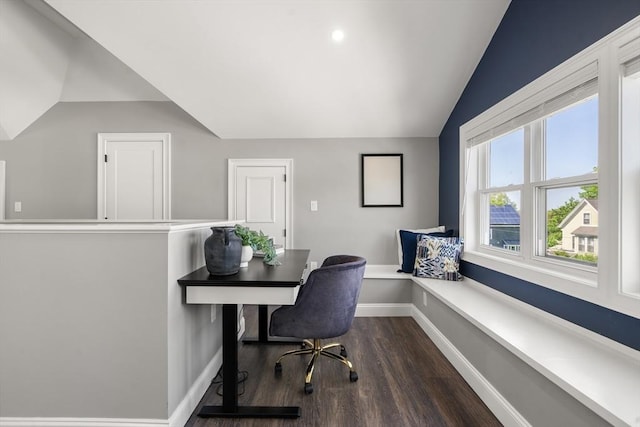 office featuring vaulted ceiling, dark wood-style floors, and baseboards