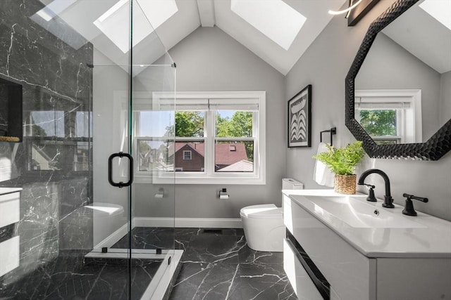 bathroom featuring a skylight, marble tiled flooring, a marble finish shower, healthy amount of natural light, and vaulted ceiling