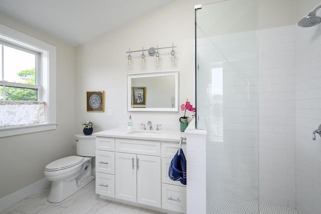 6 Macdonald Ter Unit E, Scituate, MA 02066 - full bathroom with toilet, a walk in shower, vanity, marble finish floors, and baseboards