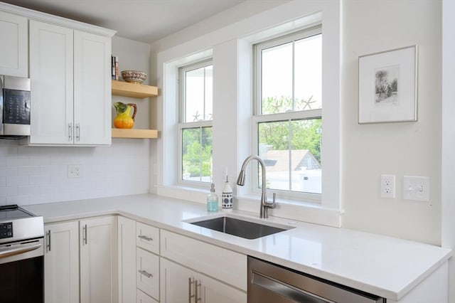 6 Macdonald Ter Unit E, Scituate, MA 02066 - kitchen with stainless steel appliances, a sink, tasteful backsplash, white cabinetry, and open shelves
