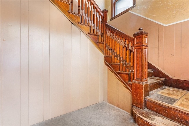 stairs featuring wood walls and carpet flooring