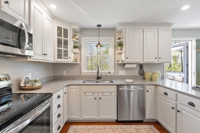 kitchen featuring a sink, open shelves, a wealth of natural light, and stainless steel appliances