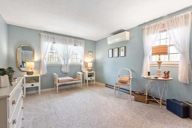 living area with baseboards, carpet, and a wall mounted air conditioner