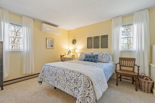 carpeted bedroom with a wall unit AC and baseboard heating