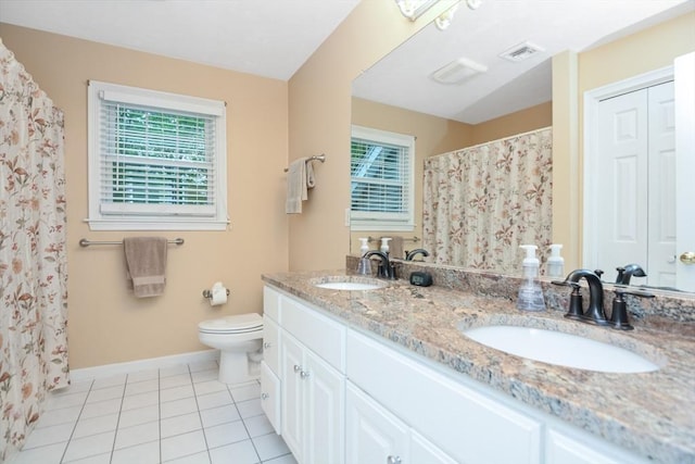 17 Stable Way, Medway, MA 02053 - bathroom with double vanity, tile patterned floors, toilet, baseboards, and a shower with shower curtain