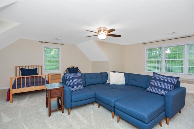 17 Stable Way, Medway, MA 02053 - carpeted living area featuring a ceiling fan, vaulted ceiling, and baseboards