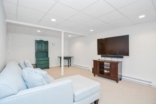 17 Stable Way, Medway, MA 02053 - carpeted living room with a baseboard radiator, a drop ceiling, and recessed lighting