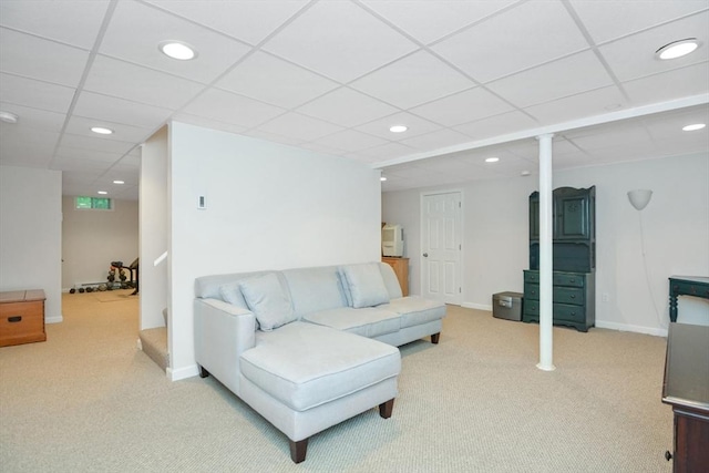 17 Stable Way, Medway, MA 02053 - carpeted living room with recessed lighting, a paneled ceiling, baseboards, and stairway