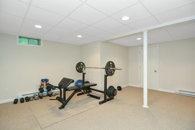 17 Stable Way, Medway, MA 02053 - exercise area featuring carpet flooring, a drop ceiling, recessed lighting, baseboards, and a baseboard radiator