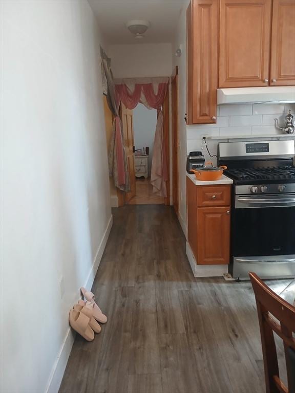 347 Summer St, Lynn, MA 01905 - kitchen featuring stainless steel gas range oven, under cabinet range hood, wood finished floors, and baseboards