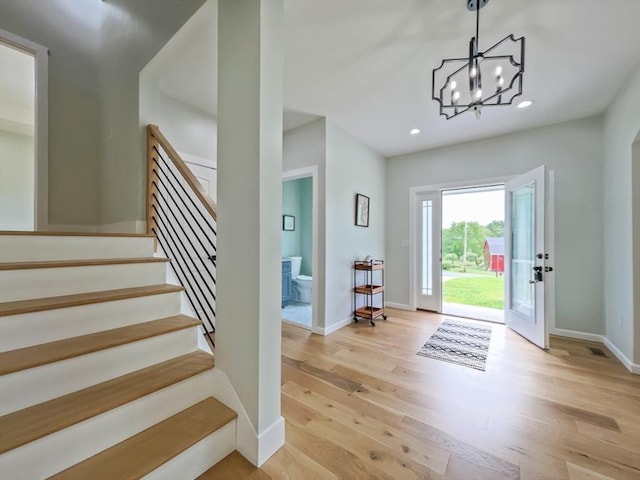101 N Rd, Westfield, MA 01085 - foyer with light wood finished floors, recessed lighting, stairs, and a chandelier