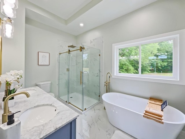 101 N Rd, Westfield, MA 01085 - full bath featuring a freestanding bath, a marble finish shower, recessed lighting, marble finish floors, and double vanity